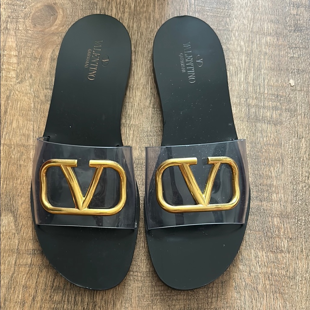 Valentino Black Slides with Gold Logo
